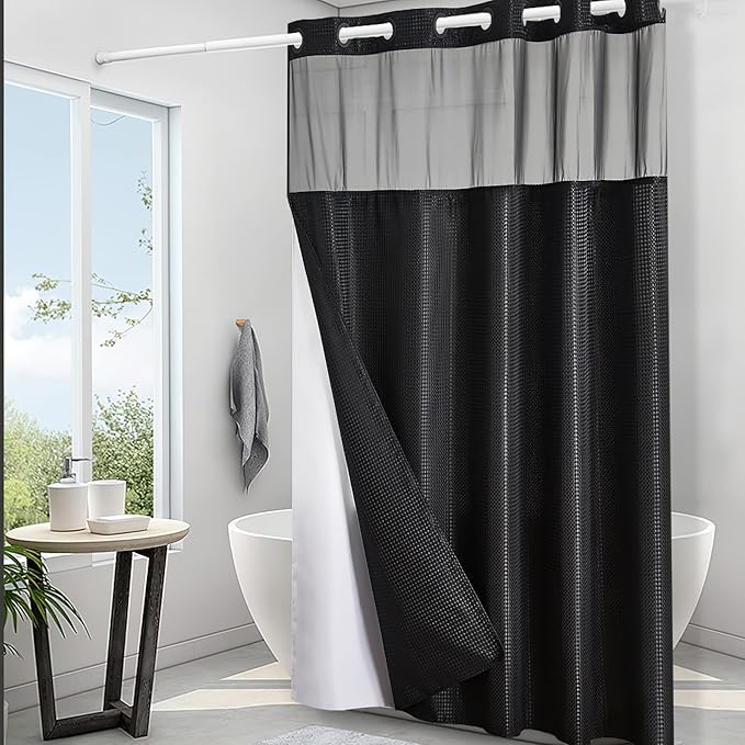 Black No Hook Double Shower Curtain Set with Snap in Liner,Heavy Duty Waffle Weave Textured Fabric Bathroom Curtains with See Through Window,Machine Washable & Waterproof,Hotel Qulity,71x72 Inch