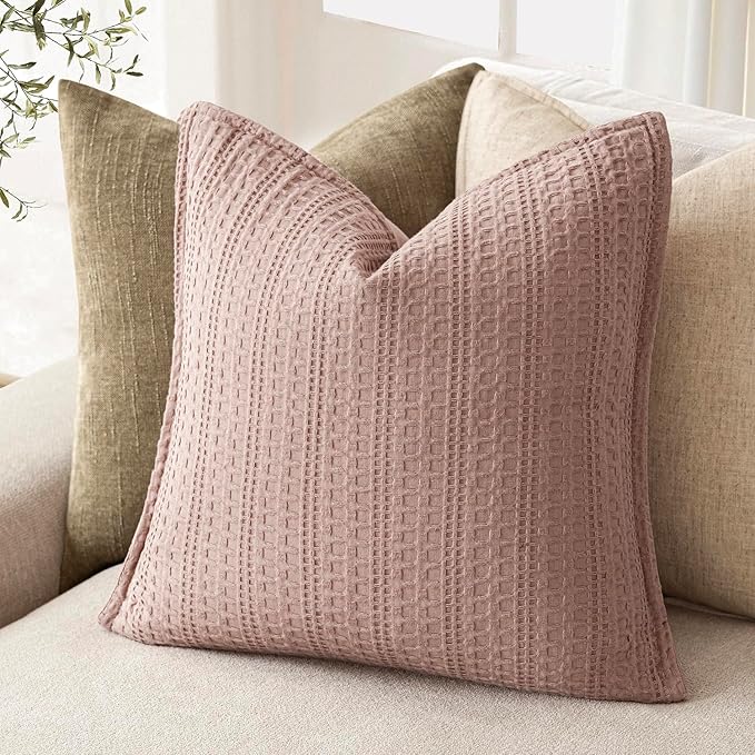 Foindtower Set of 2 Decorative Cotton Waffle Weave Throw Pillow Covers Euro Shams Cushion Covers Accent European Pillowcase for Bed Couch Sofa Bedroom Living Room Home Decor 24×24 Inch Dusty Pink