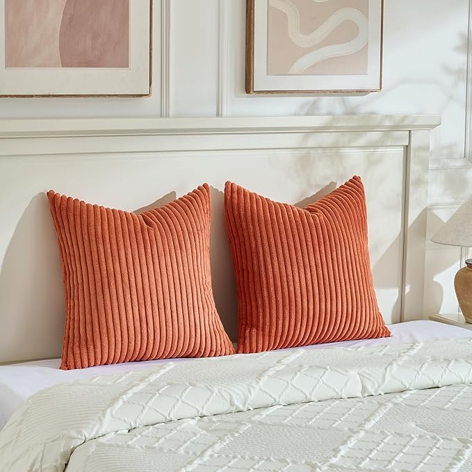 Fancy Homi Set of 2 Burnt Orange Fall Decorative Throw Pillow Covers 24x24 Inch for Couch Bed Sofa, Autumn Halloween Thanksgiving Home Decor, Soft Plush Corduroy Cute Aesthetic Cushion Case 60x60 cm