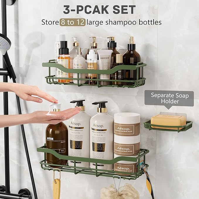 OMAIRA 3-Pack Shower Caddy with Soap Holder, Adhesive Rustproof No-drill Strudy Loading Inside Shower Organizer Shelves Rack Storage Bathroom Organization for Smooth Wall Glass Tile, Green (X-Large)