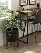 Kate and Laurel Gavri Farmhouse Freestanding Indoor Planter; 11.25 Inch Diameter; Black and Rustic Brown; Decorative Plant Stand with Wood Base and Iron Pot