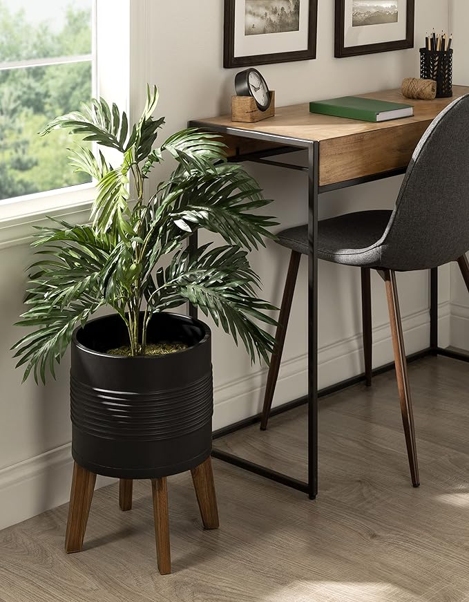 Kate and Laurel Gavri Farmhouse Freestanding Indoor Planter; 11.25 Inch Diameter; Black and Rustic Brown; Decorative Plant Stand with Wood Base and Iron Pot