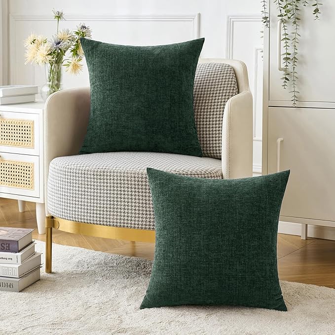 MIULEE Pack of 2 Christmas Green Throw Pillow Covers 16x16 Inch Soft Chenille Pillow Covers for Sofa Living Room Couch Solid Dyed Cases