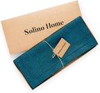 Solino Home Linen Table Runner 48 Inches - 100% Pure Linen Chambray Teal Hemstitch Table Runner 14 x 48 Inch Ideal for Dresser and Coffee Tables - Milan - Thanksgiving, Christmas