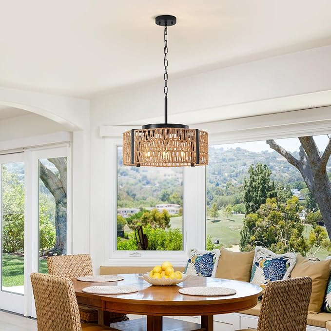 Rattan Chandelier,4-Light Chandeliers for Dining Room Hand Woven Rattan Light Fixture Farmhouse Chandelier for Kitchen Island Bedroom, Living Room, Entryway, Foyer (E26 Bulbs Not Included