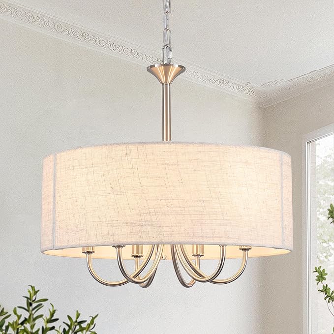 18'' Drum Chandeliers for Dining Room, 6-Light Modern Farmhouse Chandelier Linen Pendant Light, Brushed Nickel Round Chandelier Hanging Light Fixture for Living Room Bedroom Foyer