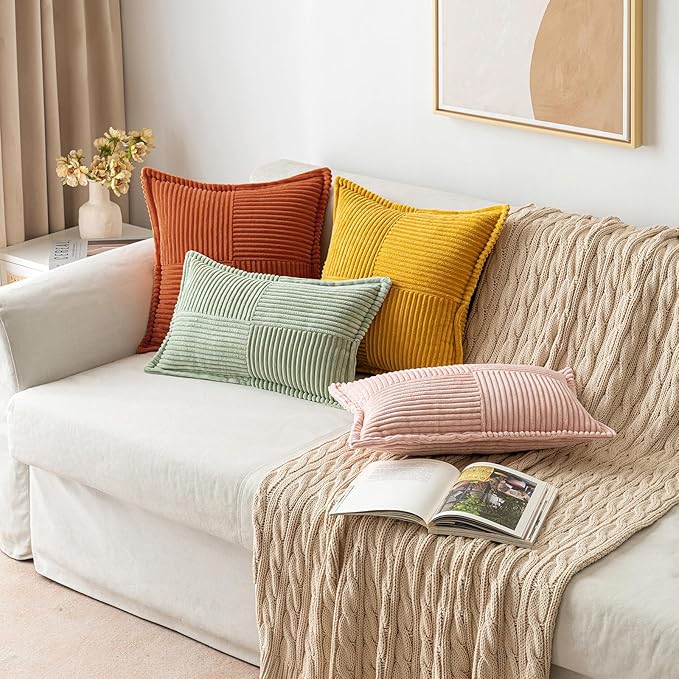 MIULEE Rust Fall Decorative Lumbar Throw Pillow Covers for Couch Bed Livingroom 12x20 Inch Set of 2 Boho Accent Throw Pllows Broadside Striped Patchwork Soft Corduroy Pillowcases
