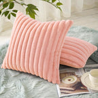 decorUhome Faux Fur Throw Pillow Covers 20x20 Set of 2, Decorative Soft Plush Striped Neutral Couch Euro Pillow Covers with Velvet Back for Sofa, Bed, Living Room Home Decor, Blush Pink