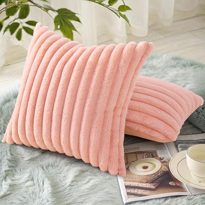 decorUhome Faux Fur Throw Pillow Covers 20x20 Set of 2, Decorative Soft Plush Striped Neutral Couch Euro Pillow Covers with Velvet Back for Sofa, Bed, Living Room Home Decor, Blush Pink