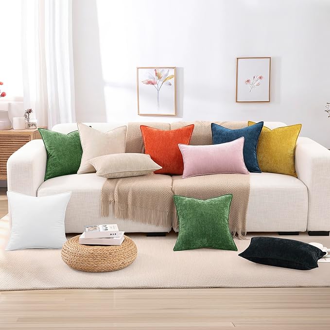 decorUhome Couch Throw Pillow Covers 24x24 Set of 2, Decorative Soft Euro Neutral Chenille Pillow Covers with Elegant Design for Sofa Bed Living Room Home Decor, Poseidon