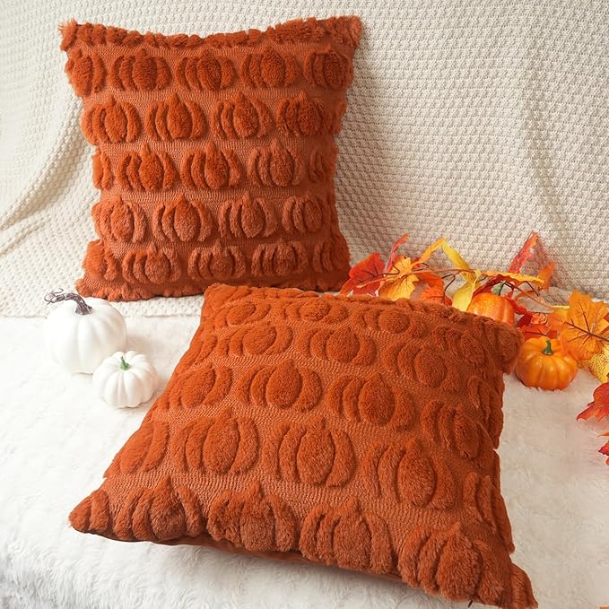 GEEORY Fall Pumpkin Throw Pillow Covers 16x16 Inch Set of 2, Autumn Soft Plush Faux Fur Wool Decorative Farmhouse Holiday Cushion Case for Home Decoration (Rust) GC001-16