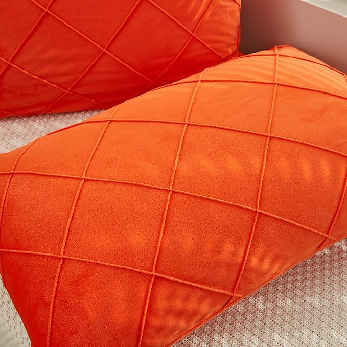 JAUXIO Diamond Pinch Pleated Crystal Velvet Pillowcases 2 Pack Solid Pintuck Throw Cushion Cover for Home Decor Hidden Zipper Closure (Bright Orange, Standard)