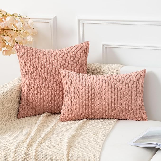 Kevin Textile Throw Pillow Covers Soft Corduroy Decorative Set of 2 Valentines Day Boho Striped Pillow Covers Pillowcases Farmhouse Home Decor for Couch Bed Sofa Living Room 20x20 Inch Baby Pink