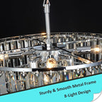 Chrome Crystal Chandelier for Dining Room, 24" Modern Round Chandeliers 5-Tier 8 Lights Adjustable Ceiling Light Fixture K9 Raindrop Crystal Pendant Lamp for Living Room Bedroom Foyer