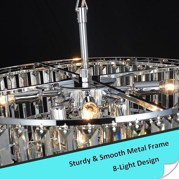 Chrome Crystal Chandelier for Dining Room, 24" Modern Round Chandeliers 5-Tier 8 Lights Adjustable Ceiling Light Fixture K9 Raindrop Crystal Pendant Lamp for Living Room Bedroom Foyer