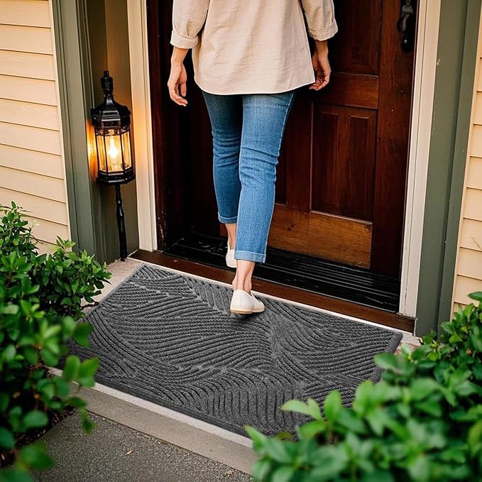 Yimobra Doormat Outdoor Entrance 29.5x17, All-Weather Waterproof Art Line Outdoor Mats for Front Door, Heavy Duty Non-Slip Welcome Matt for Garage Patio Proch Entryway Indoor, Dark Grey