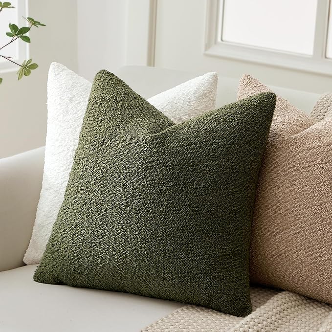 ANRODUO Pack of 2 Textured Boucle Throw Pillow Covers Soft Moss Green Decorative Accent Solid Pillow Cases Cozy Modern Couch Cushion Case for Chair Sofa Bedroom Living Room Home Decor, 20 x 20 Inch