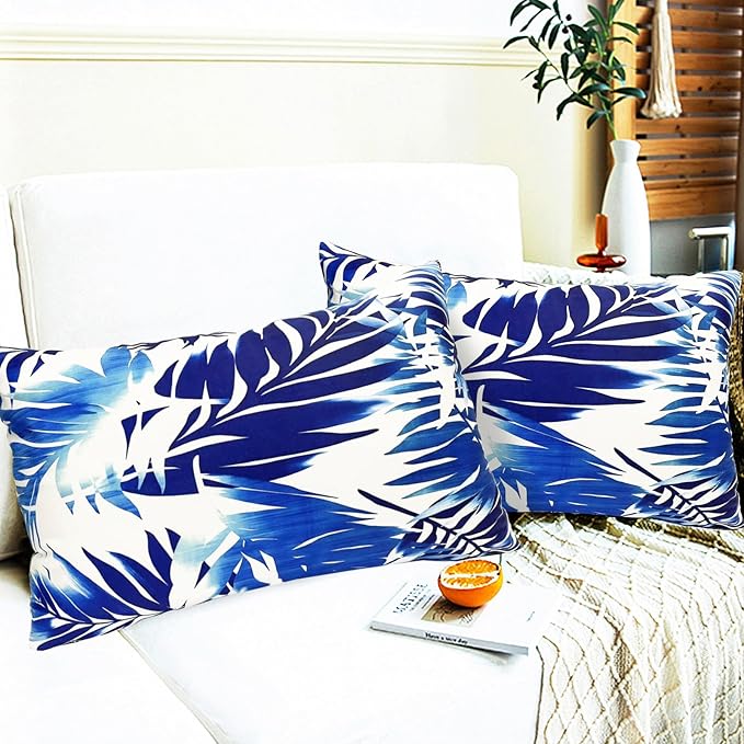 Decorative Throw Pillow Covers Set of 2 Blue Leaves of Tropical Pillow Covers 12x20 inch Soft Short Plush Square Throw Pillows,Farmhouse Outdoor Pillow Covers for Couch Sofa Living Room