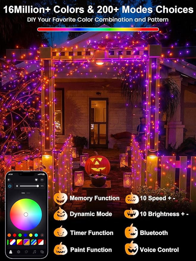Smart LED Halloween String Lights with Remote & App 198FT 600LED, Waterproof RGB Dimmable Clear Wire Christmas Lights, Color Changing Christmas Tree Light Outdoor Indoor with Timer for Halloween Decor