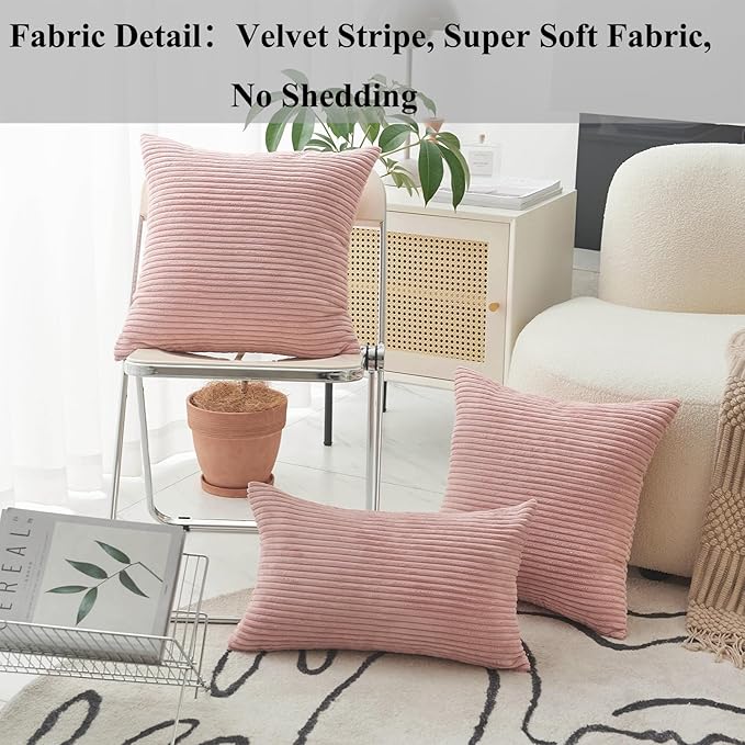 Home Brilliant Pillow Covers 16x16 Couch Pillow Covers Decor Striped Velvet Couch Cushion Covers 2 Pieces Throw Pillow Covers for Bed, 40x40cm, 16 x 16 Inch, Baby Pink