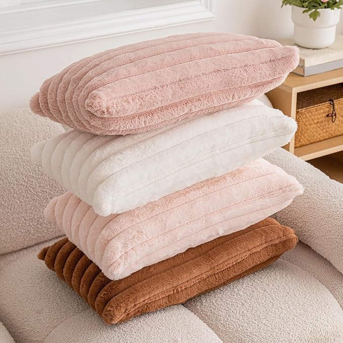 Double-Sided Faux Fur Plush Throw Pillow Covers 12x20 Set of 2 Fuzzy Striped Soft Cozy Pillowcase Luxury Decorative Pillows Rectangle Shaggy Cushion Cover for Couch Sofa Bed,Cream White