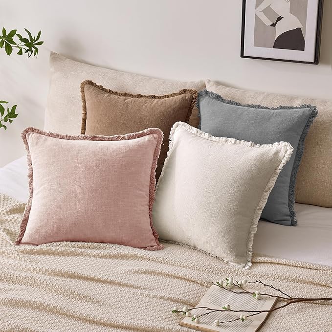 Woaboy Decorative Linen Fringe Throw Pillow Covers Boho Farmhouse Soft Cushion Covers Accent Pillowcases with Tassels for Living Room Couch Sofa Bed Chair,20x20 Inch Set of 2,Light Pink
