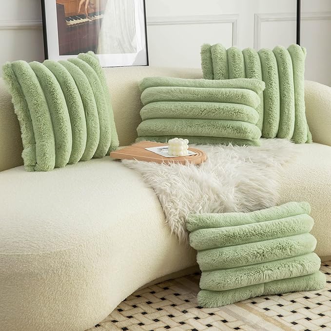 Neelvin Green Faux Fur Cozy Soft Striped Decorative Throw Pillow Covers 16x16 inch Set of 2,Velvet Pillowcase Cushion Case for Sofa Couch