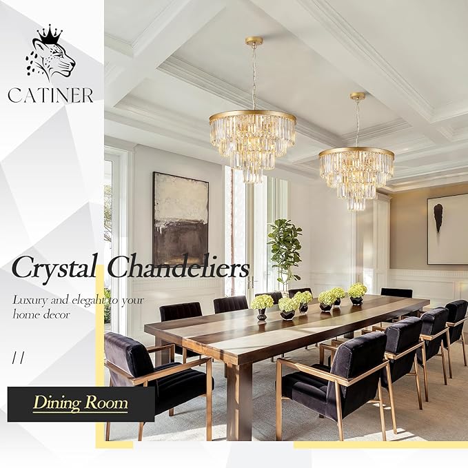 Gold Crystal Chandeliers 24” Modern Large Chandeliers Luxury 4-Tier 12 Lights K9 Crystal Round Ceiling Pendant Light Fixture Contemporary for Dining Room Foyer Staircase Living Room