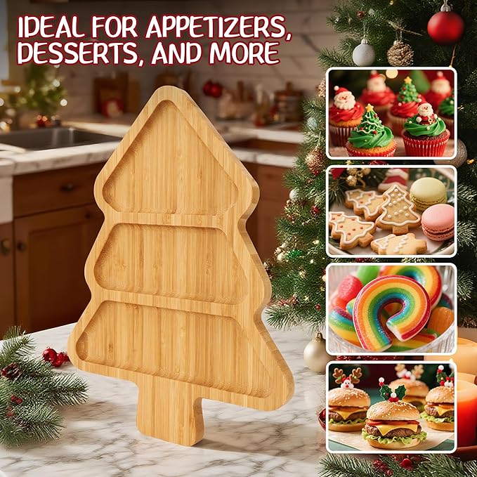 Christmas Serving Tray, Bamboo Christmas Tree Serving Platter with 3 Compartments, Charcuterie Board Serving Dishes 11.8" x 8.7" for Party Cookie Fruit Cheese