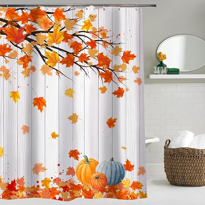 Metawu Fall Shower Curtain Autumn Farmhouse Shower Curtain Fallen Leaves Pumpkin Waterproof Shower Curtain Sets Washable Shower Curtain 72"×72" with 12 Hooks Bathtubs Bathroom Accessories