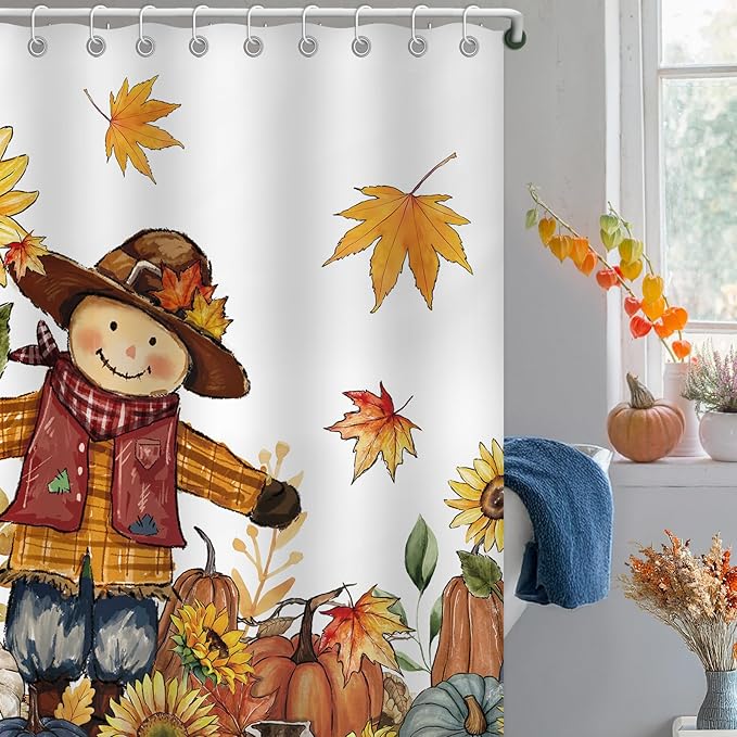 Scarecrow Pumpkin Harvest Shower Curtain, Autumn Thanksgiving Home Decor Fall Bathroom Curtain Set - 72x72 Inch Waterproof Polyester Fabric with Hooks