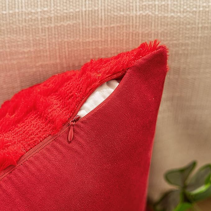 AQOTHES Christmas Tree Decorative Red Throw Pillow Covers 18x18 Set of 2, Faux Fur Farmhouse Throw Pillows Cushion Cases for Xmas Winter Holiday Home Decor