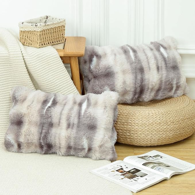 MADIZZ Pack of 2 Thick Plush Wool Throw Pillow Covers 12x20 Inch Grey Taupe Soft Neutral Decorative Throw Pillows Accent Boho Cushion Covers for Couch Sofa Bedroom Pillow Shell