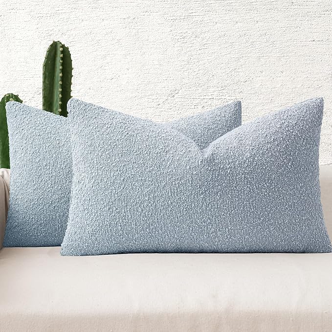 MIULEE 12x20 Inch Decorative Lumbar Throw Pillows for Bed Set of 2 Textured Boucle Neutral Winter Throw Pillow Covers Light Blue Accent Solid Pillowcases Sofa Livingroom Home Decor