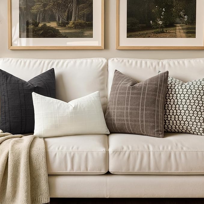 MIULEE Decorative Linen Check Euro Shams Throw Pillow Covers Neutral Farmhouse Vintage Pillow Covers 24x24 Set of 2 Boho Modern Home Decor for Sofa Couch Bedroom Cushion Black