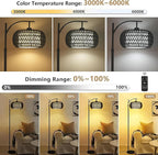 Arc Floor Lamp with 3 Color Temperatures,Black Floor Lamp with Remote Control, Boho Standing Lamp with Rattan Wicker Shades, Farmhouse Tall Pole Lamp for Living Room Bedroom
