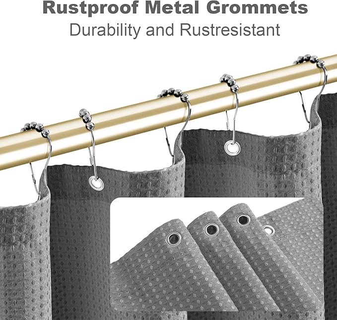 Boho Shower Curtain Set, Waterproof Fabric Shower Curtains, Luxury Hotel Style, Waffle Texture, Heavy Duty, Extra Long Bath Curtain, No Hook, Bathroom Decor, 72x60 Inch, Grey