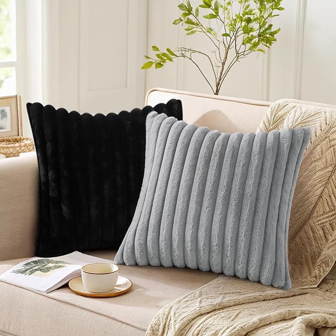 Pallene Faux Fur Plush Throw Pillow Covers 24x24 Set of 2, Luxury Soft Fluffy Striped Decorative Pillow Covers for Sofa, Couch, Living Room, Black