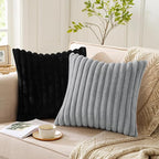 Pallene Faux Fur Plush Throw Pillow Covers 20x20 Set of 2, Luxury Soft Fluffy Striped Decorative Pillow Covers for Sofa, Couch, Living Room, Black