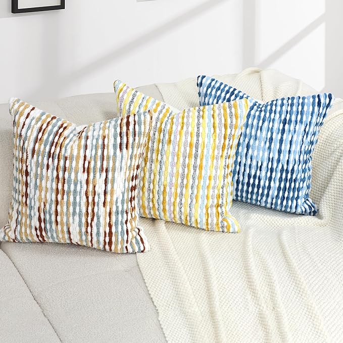 Boho Decorative Throw Pillow Covers 18x18 Inch, Chenille Tufted Pillow Cover Stripe Textured Square Farmhouse Accent Pillowcase for Couch Sofa Bedroom Living Room, Red White Khaki Grey 2 Pack
