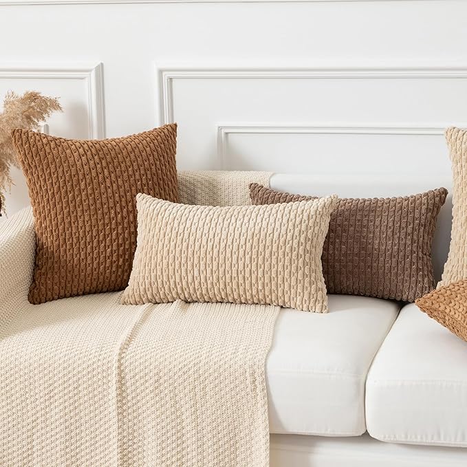 Kevin Textile Throw Pillow Covers Soft Corduroy Decorative Set of 2 Boho Striped Pillow Covers Pillowcases Farmhouse Home Decor for Couch Bed Sofa Living Room 24x24 Inch Khaki