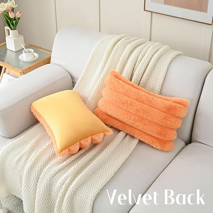 FUTEI Orange Decorative Throw Pillow Covers 12x20 Inch Set of 2, Square Soft Faux Rabbit Fur Big Striped Cushion Cover,Home Decor for Couch Sofa Bed Living Room