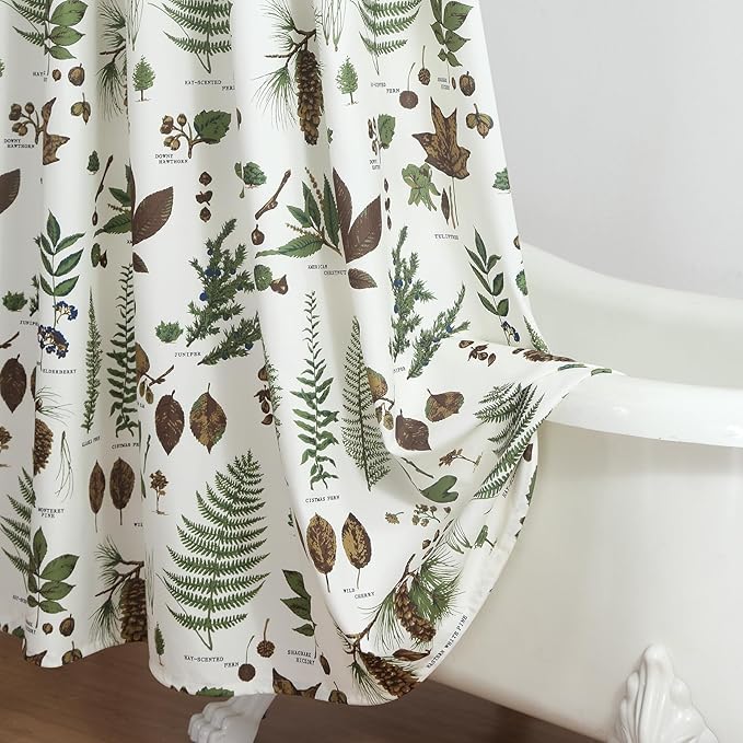 Fabric Shower Curtain 78 Inches Long, Brown and Green Natural Botanical Leaf Pinecone Print Shower Curtains for Bathroom, 72" W x 78" H