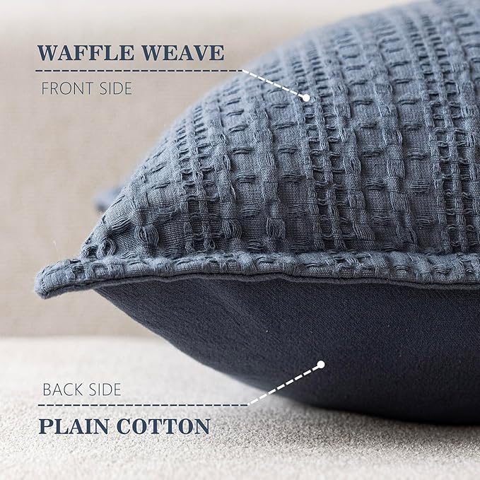 Foindtower Set of 2 Decorative Cotton Waffle Weave Throw Pillow Covers Euro Shams Cushion Covers Accent European Pillowcase for Bed Couch Sofa Bedroom Living Room Home Decor 18×18 Inch Blue