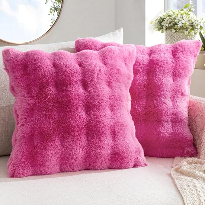 MIULEE Pack of 2 Decorative Pillow Covers Thick Soft Plush Faux Fur Throw Pillows Luxury Home Decor for Couch Bedroom Living Room Sofa,20x20 Inch Hot Pink