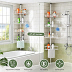 HAMITOR Corner Shower Caddy Tension Pole: Rustproof Bathroom Organizer Shelves for Bathtub Shampoo Accessories Storage Holder - 47-121 Inch Adjust - White