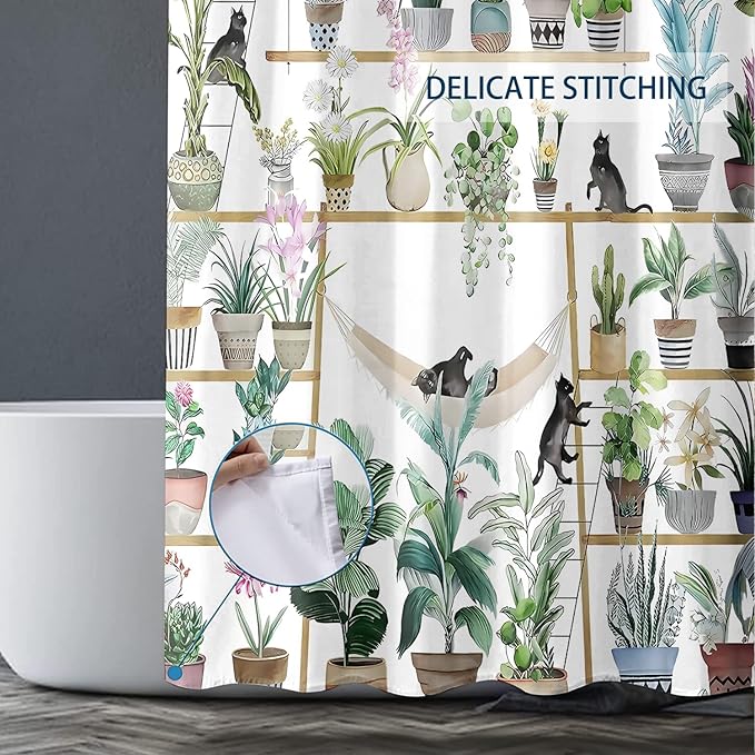 Green Potted Plant Shower Curtain Cactus Leaf Floral Black Cat Shower Curtains for Bathroom Waterproof Polyester Fabric Bathroom Curtain 72 x 72 Inch with 12 Plastic Hooks