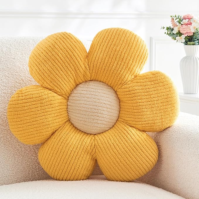 Flower Throw Pillow,Yellow Flower Shaped Pillow Decorative Throw Pillows for Sofa, Couch,Bed,15.7'' Soft Daisy Pillow Floor Seating Cushion for Home Decor