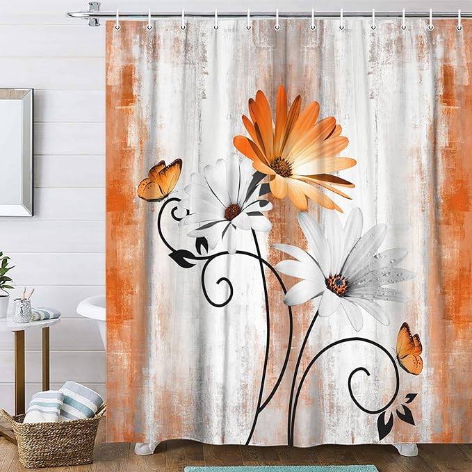 Rustic Farmhouse Shower Curtain, Farm Orange Daisy Floral Fall Flowers and Butterfly on Country Wooden Autumn Shower Curtain for Bathroom, Yellow Grey Gray Red Gold Curtain with 12PCS Hooks, 70X70IN