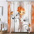 Rustic Farmhouse Shower Curtain, Farm Orange Daisy Floral Fall Flowers and Butterfly on Country Wooden Autumn Shower Curtain for Bathroom, Yellow Grey Gray Red Gold Curtain with 12PCS Hooks, 70X75IN
